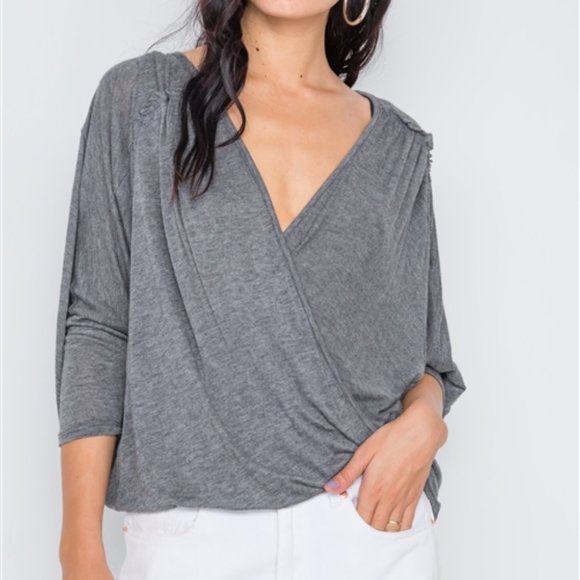 cleo Tops - Cleo Ladies Lightweight Gray Front Knot Twist Drape Top - Small Only